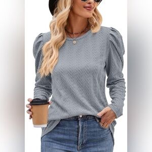 NEW Gray Textured Shirred Puff Shoulder Long Sleeve Top Size Large